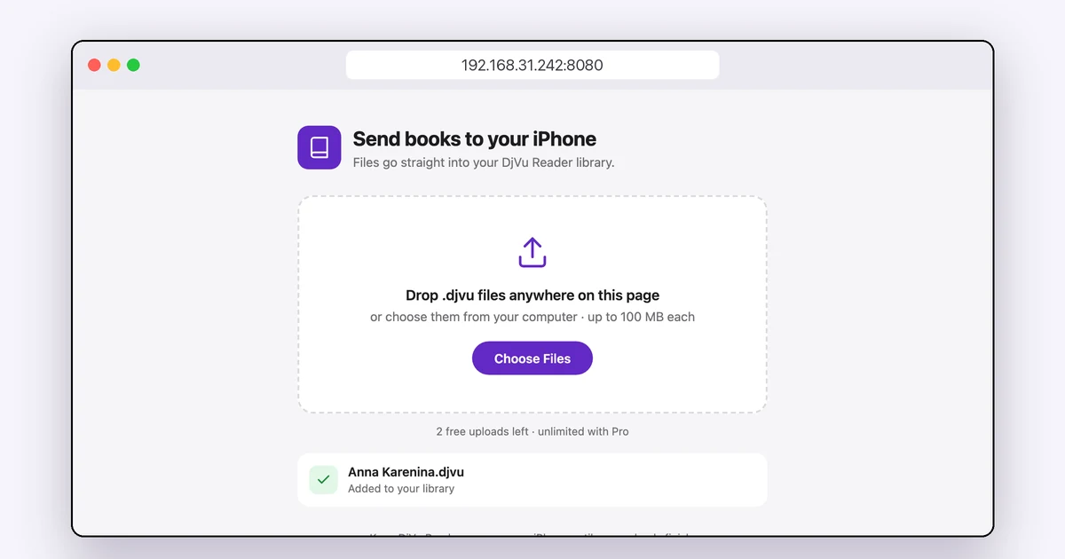 The Wi‑Fi Transfer page in a computer's browser, with a book added to the library