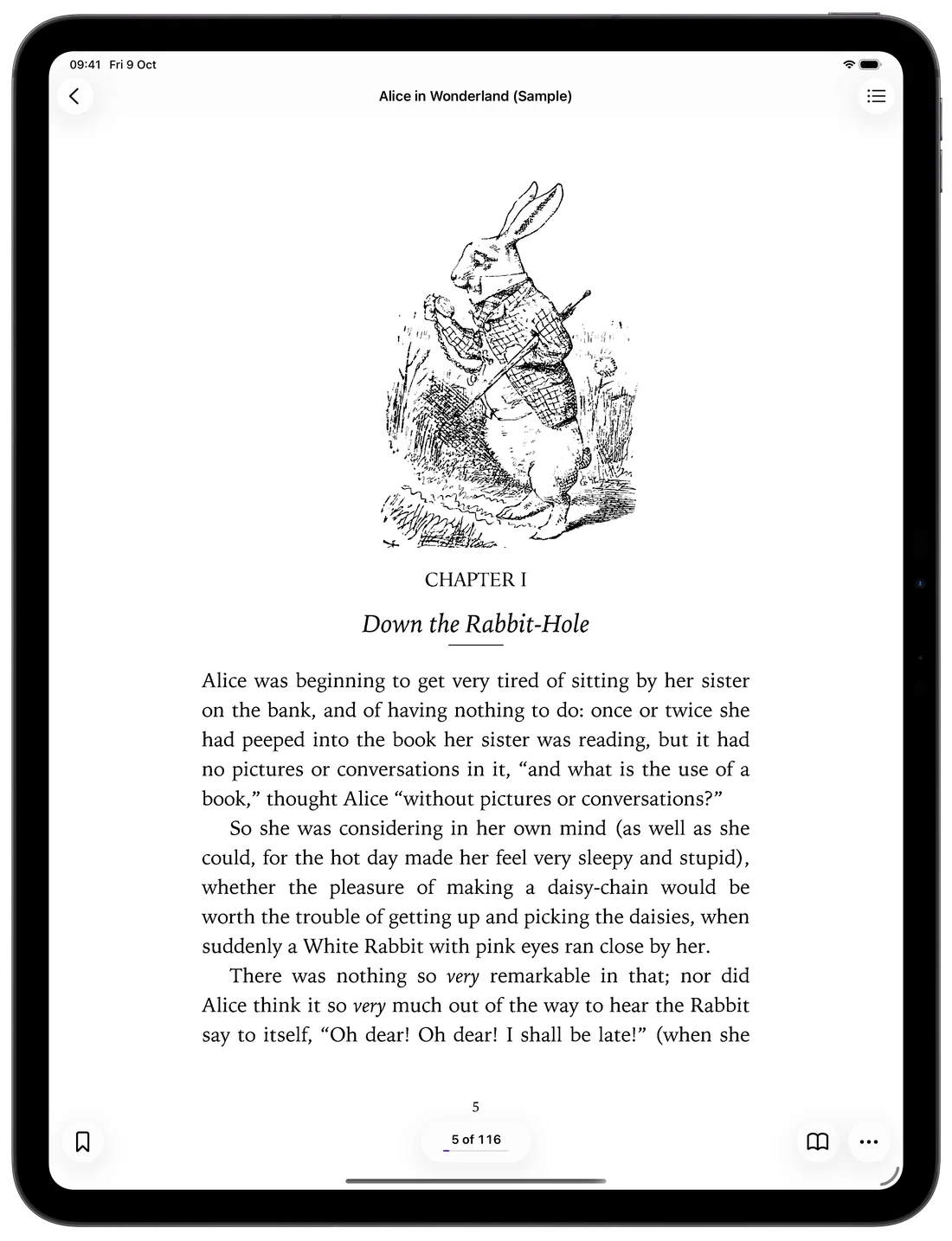 Alice no País das Maravilhas aberto no DjVu Reader no iPad