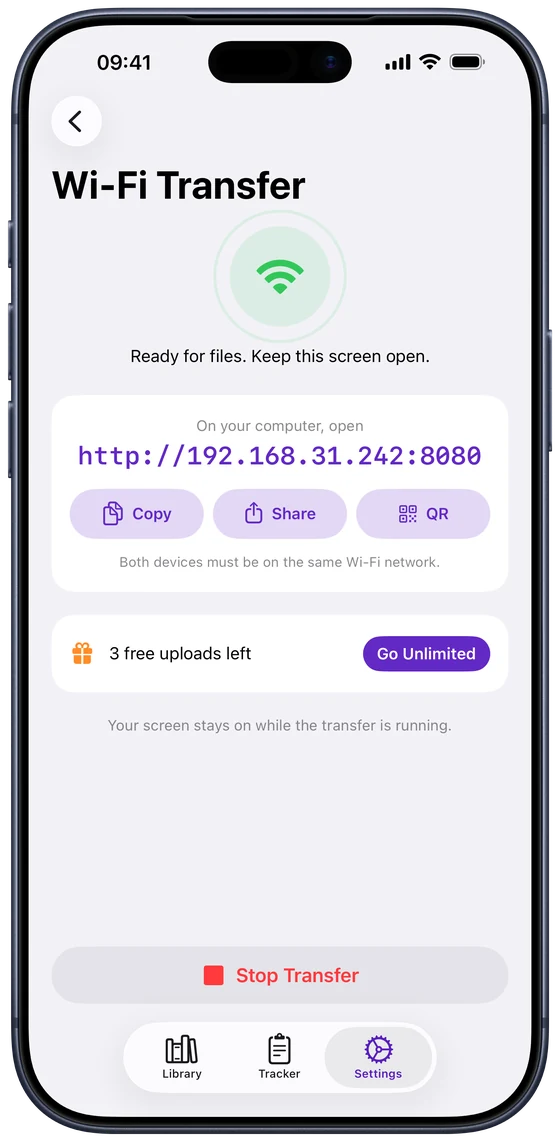 Wi‑Fi Transfer running in DjVu Reader on iPhone, showing the address to open